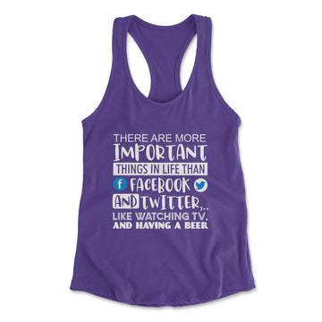 More Important Things In Life Than Fb And Twitter Womens Racerback Tank in Purple Rush color